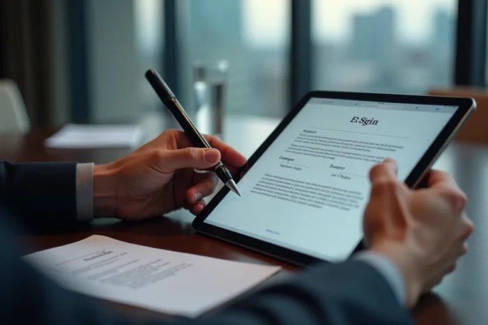 Signature électronique d'un contrat sécurisé sur tablette dans un espace client professionnel en salle de réunion