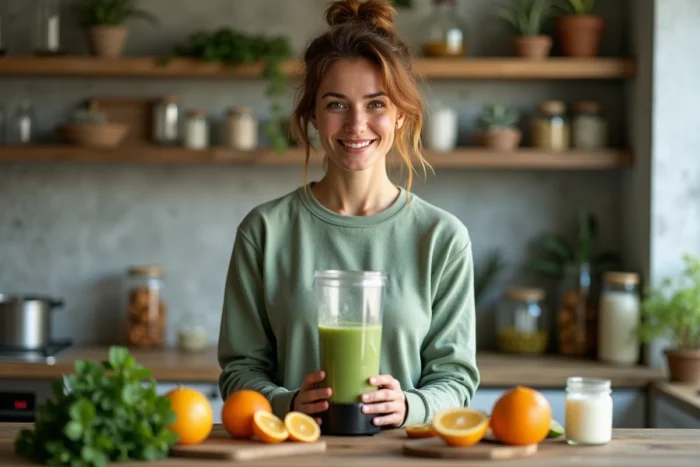 Jeune femme préparant un smoothie beauté dans une cuisine urbaine moderne, tendances bien-être et beauté naturelle au quotidien