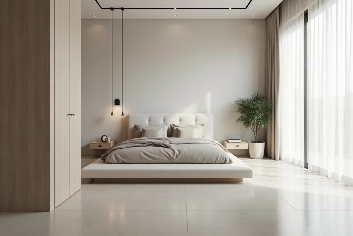 Sol en béton ciré gris dans une chambre minimaliste avec tête de lit en bouclé blanc cassé