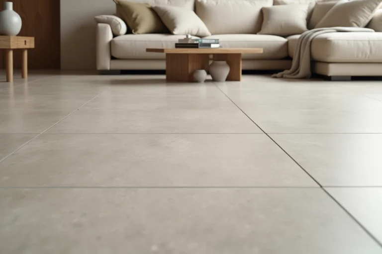 Sol en grand format de carrelage aspect béton dans un salon contemporain scandinave aux tons chauds