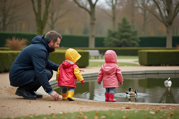 Père et ses deux filles observant des canards dans un parc public de Puteaux lors d'une activité familiale en plein air