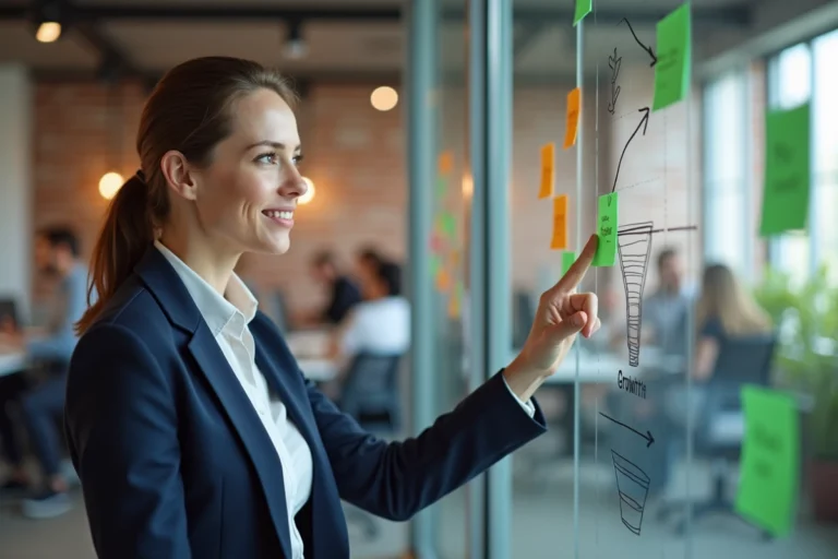 Femme d'affaires développant une stratégie marketing sur tableau blanc dans un bureau moderne