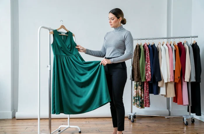 Styliste mode examinant une robe verte fluide sur un portant dans un studio de photographie professionnel