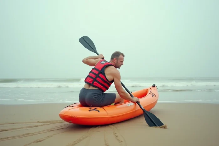 Homme utilisant la pagaie pour s'équilibrer en montant dans un kayak gonflable sur une plage de sable