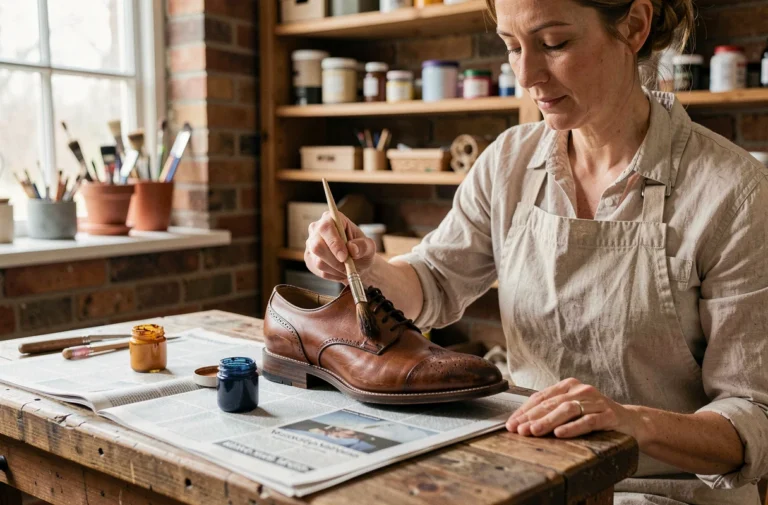 Femme appliquant de la teinture sur une chaussure en cuir oxford avec un pinceau, sur un établi en bois couvert de journaux et de flacons de pigments
