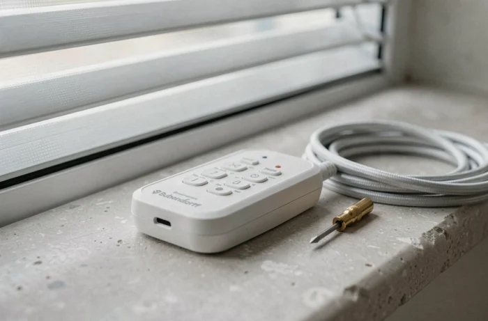 Télécommande radio Bubendorff et outils posés sur un appui de fenêtre lors du réglage de fin de course d'un volet roulant