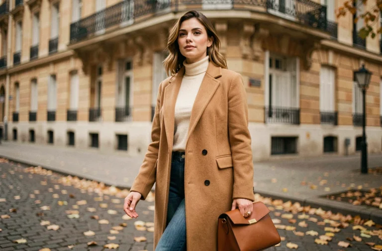 Femme en manteau camel structuré sur une rue pavée parisienne en automne, look mode tendance Pulpe de Coton
