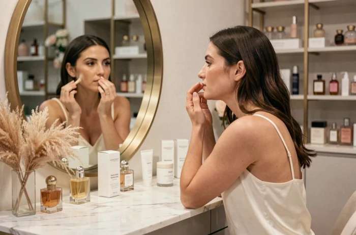 Femme appliquant une routine beauté naturelle devant un miroir en laiton sur une coiffeuse en marbre, tendances beauté et skincare minimaliste