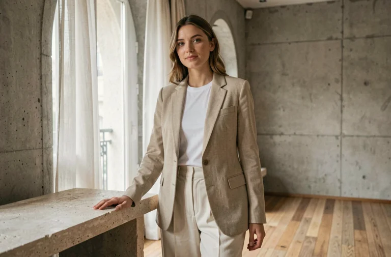 Femme élégante portant un blazer en lin beige et un pantalon large ivoire dans un appartement parisien minimaliste, tendances mode printemps