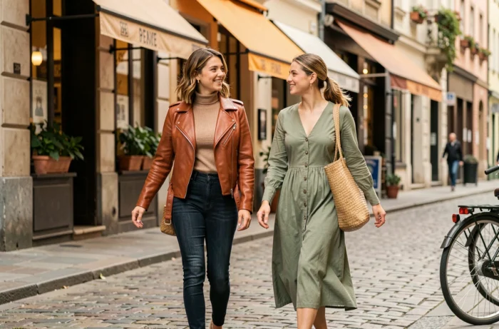 Deux femmes marchant dans une rue pavée européenne avec des tenues tendance automne, veste en cuir rouille et robe midi vert sauge, style mode urbain