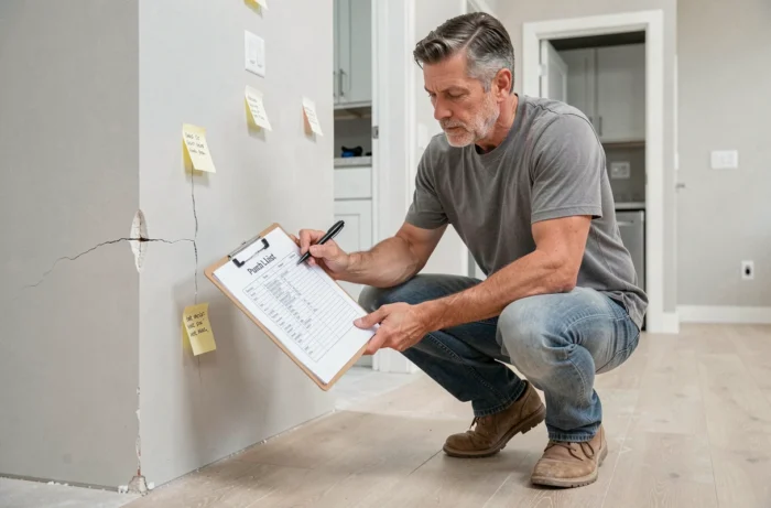 Propriétaire vérifiant des réserves sur un procès-verbal de réception de travaux dans une maison neuve
