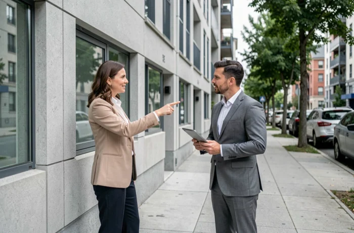Une investisseuse et un agent immobilier discutent devant un immeuble d'appartements moderne en milieu urbain, illustrant les étapes clés d'un projet immobilier.