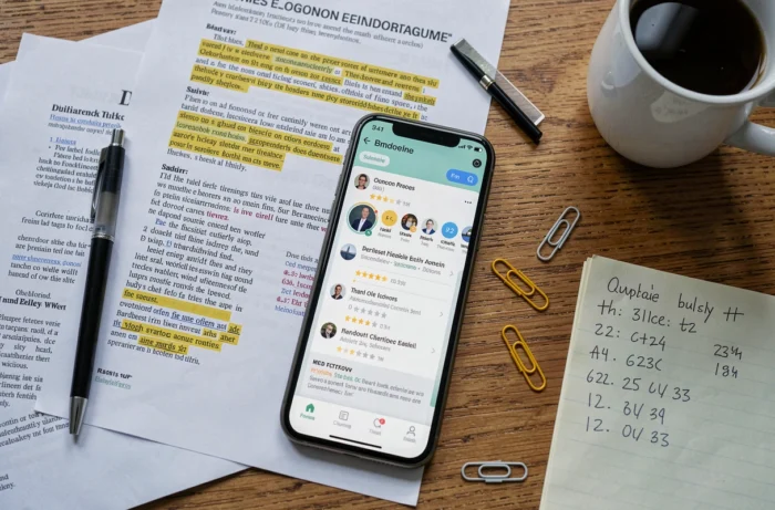 Vue aérienne d'un bureau avec documents d'enquête, smartphone et notes manuscrites sur une plateforme en ligne