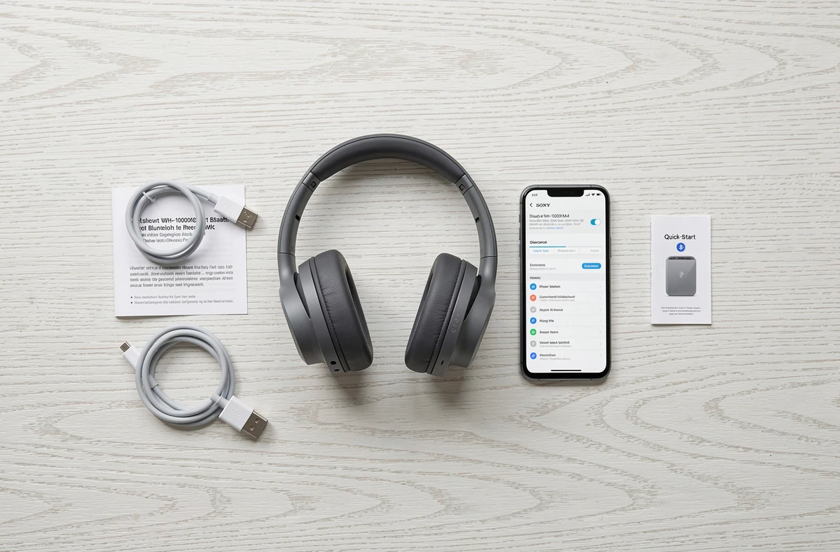 Vue de dessus d'un casque Sony WH-1000XM4 posé à côté d'un smartphone affichant les paramètres Bluetooth et un guide de connexion