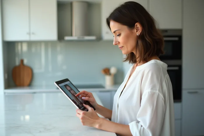 Femme dans une cuisine moderne agrandissant une photo de profil Instagram sur tablette
